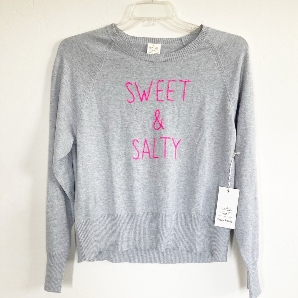 NWT Golden Sun Sweet and Salty Crewneck Pullover Sweater Pink Gray Medium/ Large